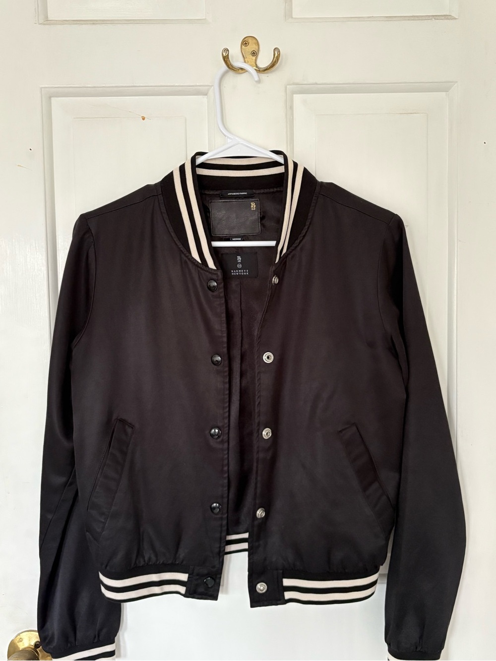 Barneys New York Black Bomber Jacket with Cream Striped Trim
